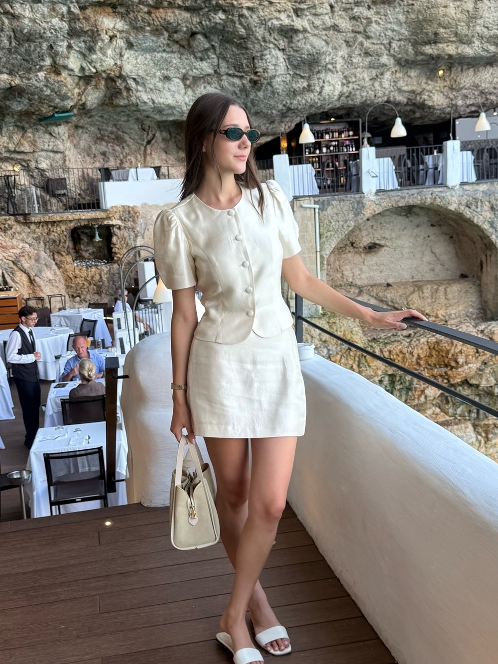 REFORMATION Mika Two Piece Set in Cream - Puff Sleeve Button Top & Mini Skirt